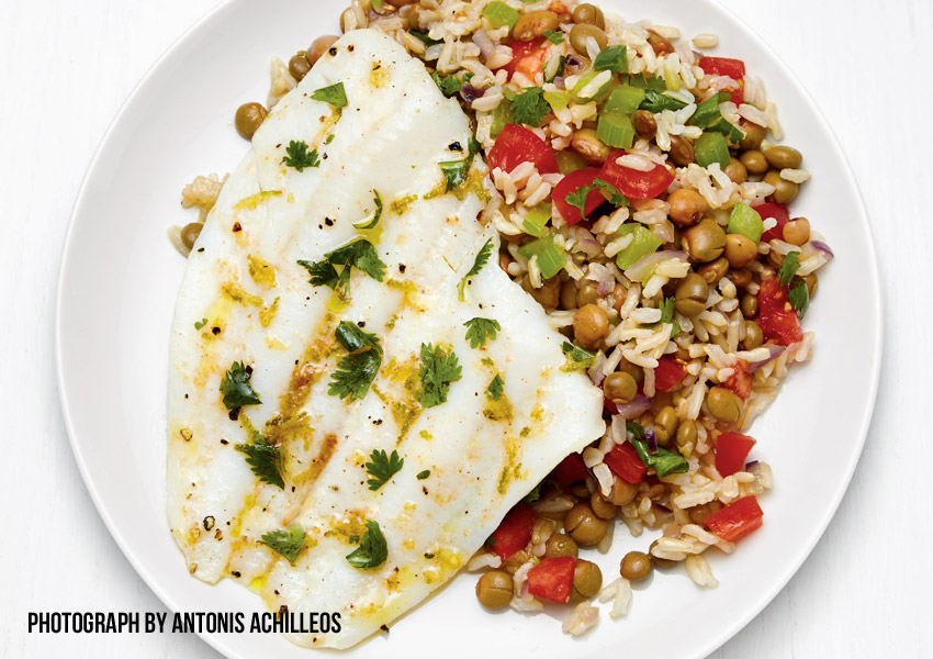 Caribbean Flounder with Pigeon Peas and Rice